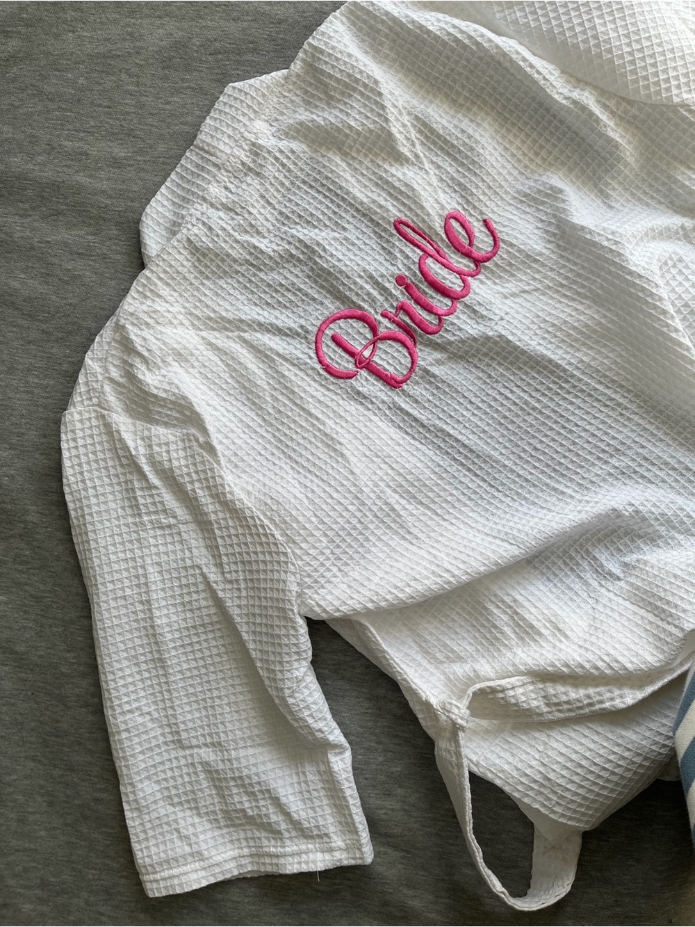 White Waffle Bride Robe with Pink Embroidery